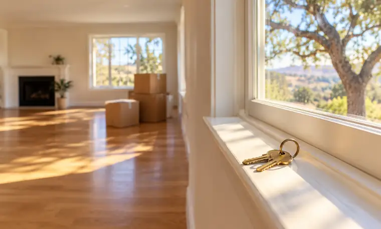 A set of house keys on a sunny windowsill in an empty new home with moving boxes and oak trees outside