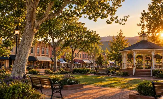 Sunlit downtown park with a gazebo, shade trees and storefronts in a North County town